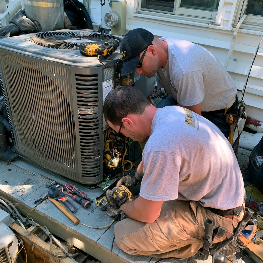 Two people working together on residential outdoor HVAC equipment