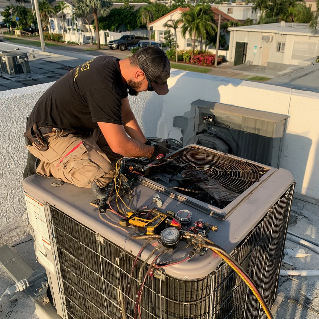 Inspecting an outdoor HVAC unit and its fan assembly