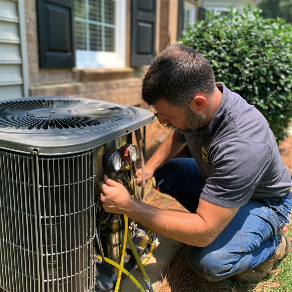 HVAC service work with pressure gauges beside an outdoor condenser