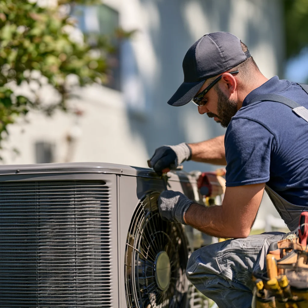 HVAC service work on a residential outdoor air conditioning unit